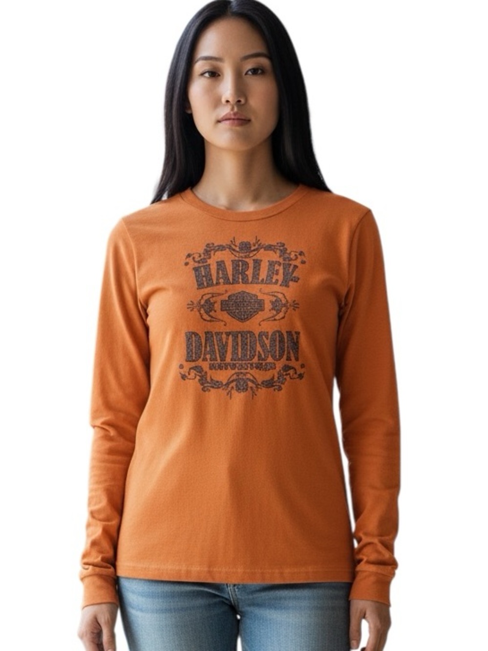 HARLEY-DAVIDSON: Orange Long Sleeve Glitter Logo Graphic Shirt -Size Medium